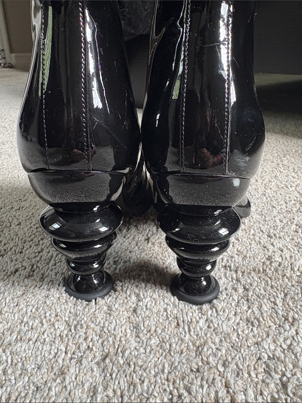 Fluevog Rashida Black Patent Ankle Boots with Sculpted Heel - Picture 4 of 10